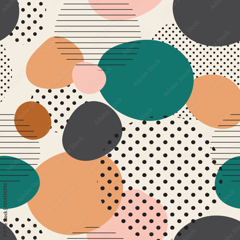 trendy seamless pattern of geometric shapes and doodles. Colorful pattern memphis style