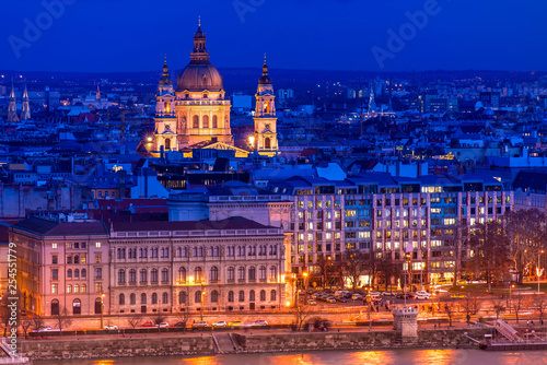 Overview of Budapest with St. Stephen (St. Istvan) Basilica at night. Hungary