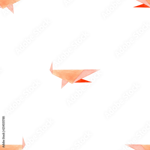 Watercolor sea seamless pattern with origami shark. Origami style. Shades of red and apricot. Isolated on a white background. Illustration.