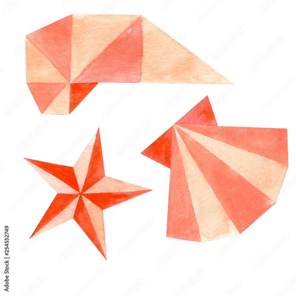 Watercolor sea set: a starfish and two shells. Origami style. Isolated on a white background. Waiting for summer and vacations. 
