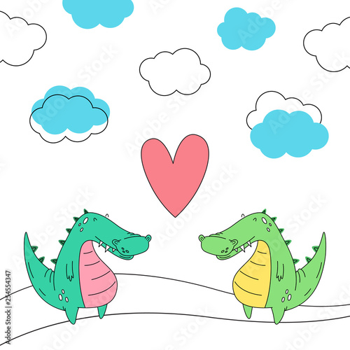 Crocodiles in love. Vector illustration in Doodle style. Cartoon.