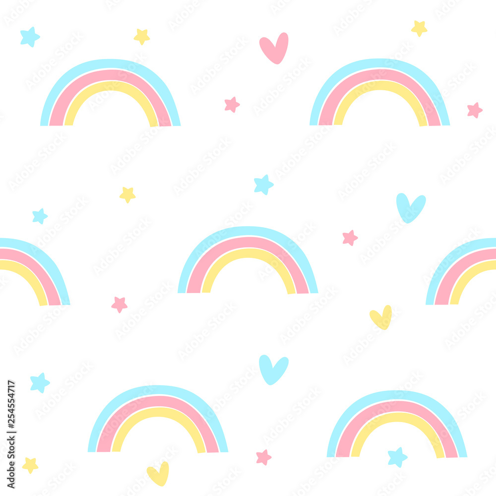 Vector seamless pattern. Rainbow and hearts. Cartoon style. Doodle