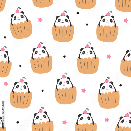 Vector seamless pattern. Panda in the cupcake. Cartoon style. Doodle.