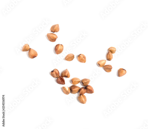 Uncooked buckwheat on white background, top view