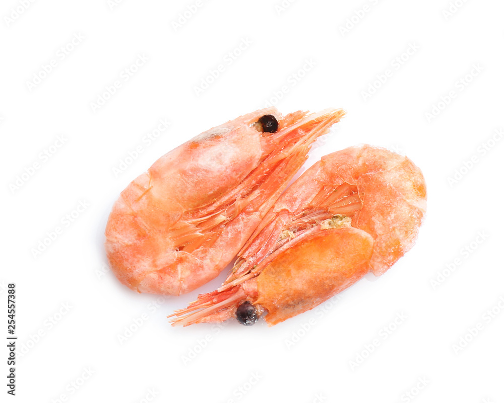 Raw shrimps covered with ice on white background, top view Raw shrimps covered with ice on white background, top view