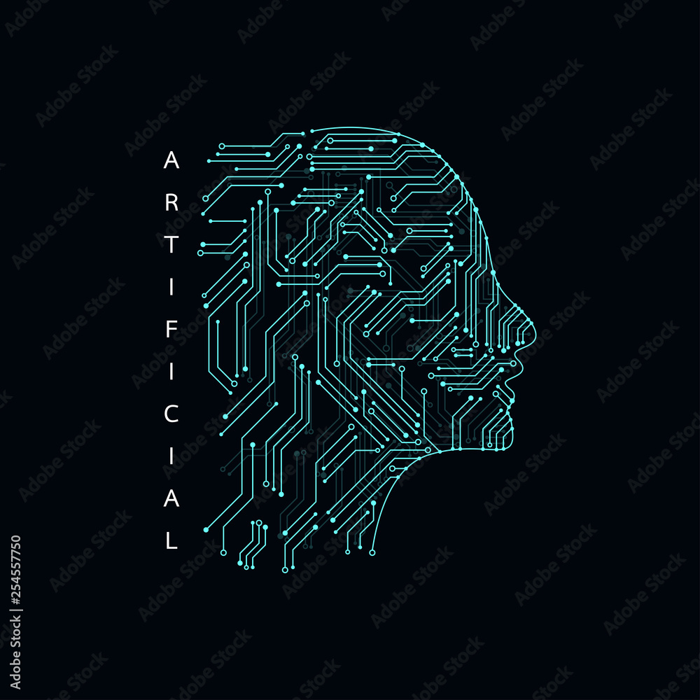 Artificial intelligence. Abstract geometric Human head outline with circuit board. Technology and engineering concept background. Vector illustration