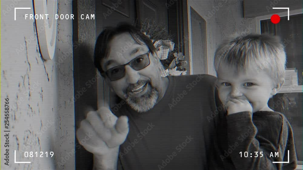 Simulated doorbell camera video feed of a grandfather with grandson waving before entering the house. Phoenix suburbs.  	