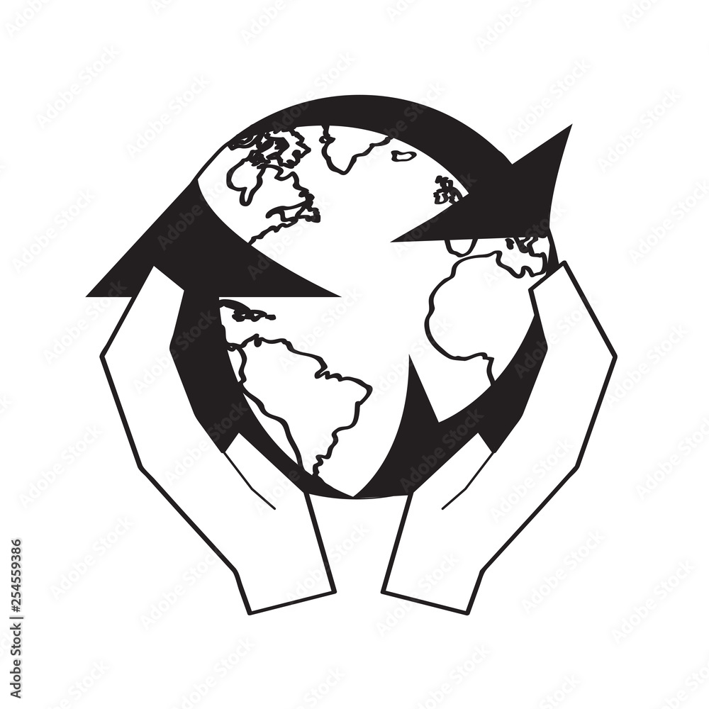Recycling symbol silhouette around the world into the hands. Vector illustration design