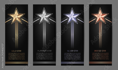 Set of black banners, Gold, platinum,silver and bronze star, Vector illustration