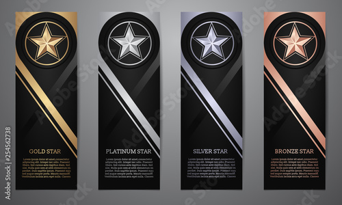 Set of black banners, Gold, platinum,silver and bronze star, Vector illustration