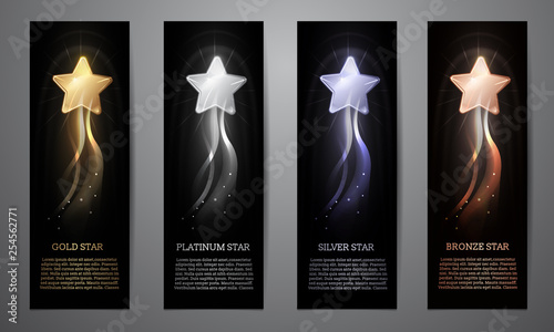 Set of black banners, Gold, platinum,silver and bronze star, Vector illustration