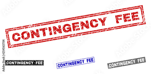 Grunge CONTINGENCY FEE rectangle stamps isolated on a white background. Rectangular seals with grunge texture in red, blue, black and gray colors.