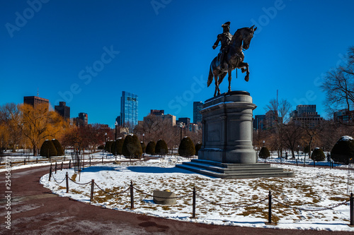 Boston, USA- March 01, 2019: The George Washington Statue in Boston Public Garden is one of the most attractive monuments in the city, and was sculpted by artist Thomas Ball