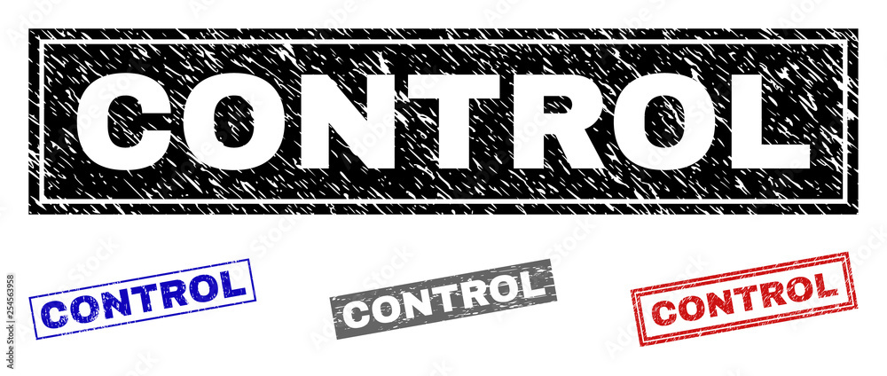 Grunge CONTROL rectangle stamp seals isolated on a white background. Rectangular seals with grunge texture in red, blue, black and grey colors. Grunge CONTROL rectangle stamp seals isolated on a white background. Rectangular seals with grunge texture in red, blue, black and grey colors.