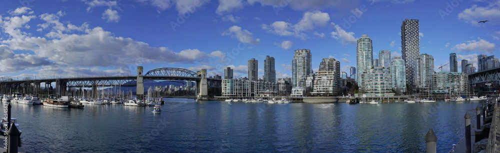 Panoramic view of Burrard Street Bridge in Vancouver downtown, BC, Canada