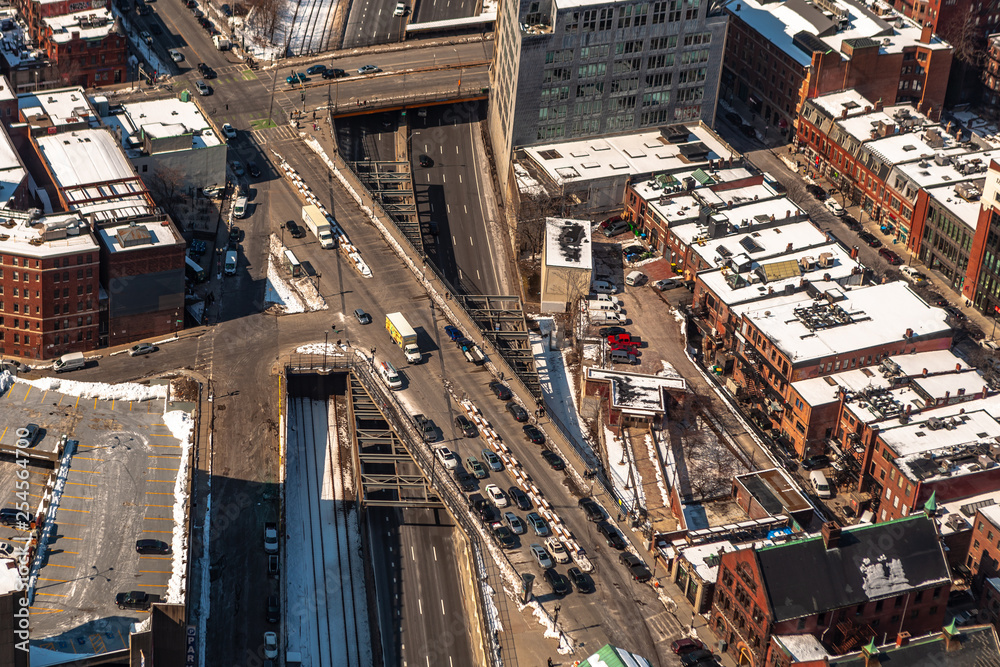 Boston, USA- March 08, 2019: panorama, a view from the air on the snowy Boston streets, Massachusetts, United States.