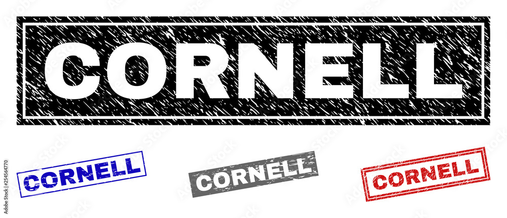Grunge CORNELL rectangle stamp seals isolated on a white background. Rectangular seals with grunge texture in red, blue, black and gray colors.