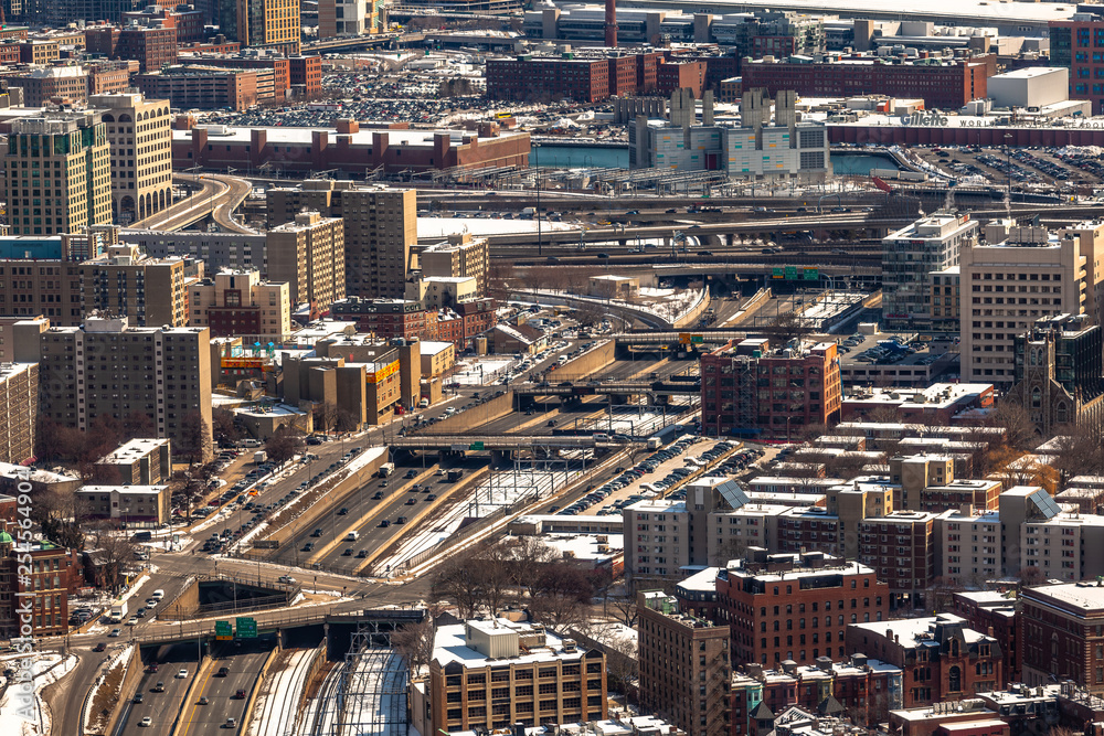 Fototapeta premium Boston, USA- March 08, 2019: panorama, a view from the air on the snowy Boston streets, Massachusetts, United States.