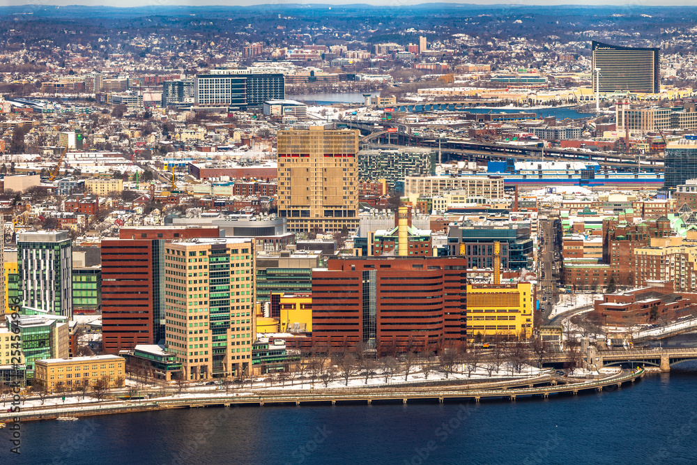 Boston, USA- March 08, 2019: panorama, a view from the air on the snowy Boston streets, Massachusetts, United States.