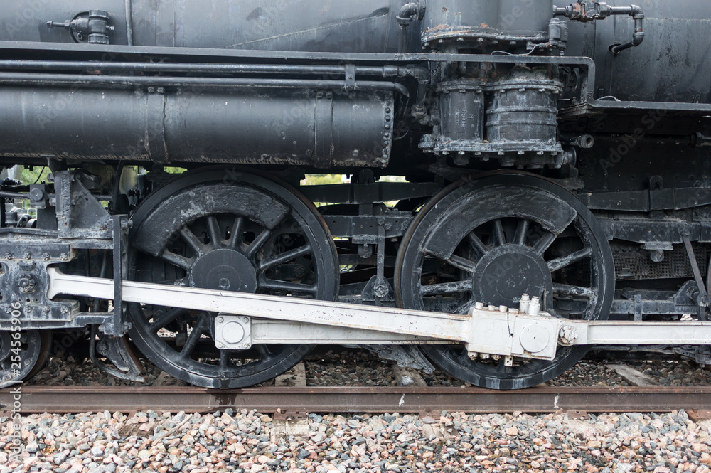 Steam Engine Train Wheel on the Tracks Close Up