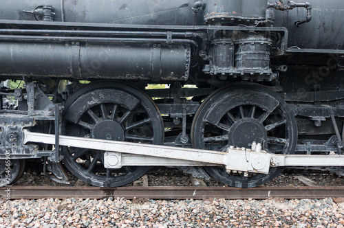 Steam Engine Train Wheel on the Tracks Close Up
