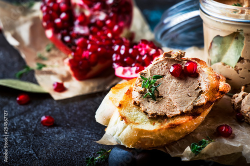 Delicious chicken liver pate on toasted bread with pomegranate seeds and thyme, dark kitchen background table, place for text, selective focus photo