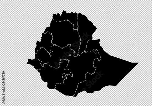 ethiopia map - High detailed Black map with counties/regions/states of ethiopia. ethiopia map isolated on transparent background.