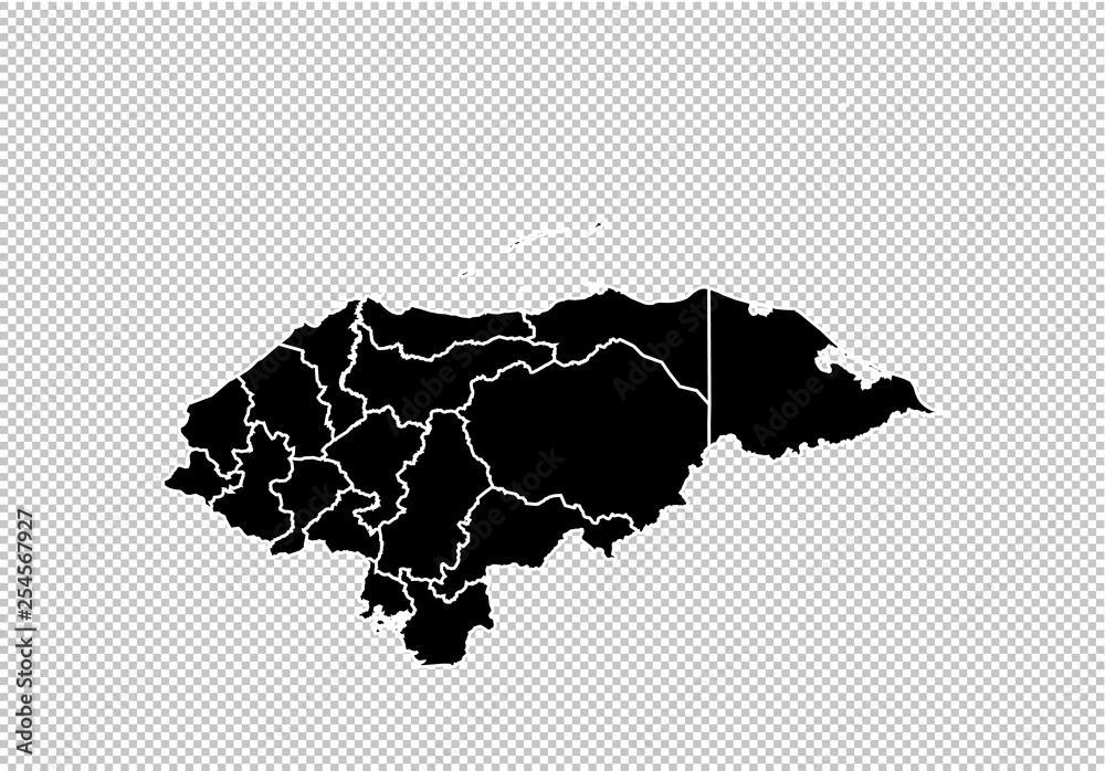 honduras map - High detailed Black map with counties/regions/states of honduras. honduras map isolated on transparent background.