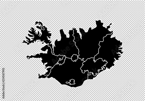 iceland map - High detailed Black map with counties/regions/states of iceland. iceland map isolated on transparent background.