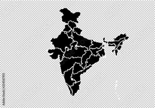 india map - High detailed Black map with counties/regions/states of india. india map isolated on transparent background.