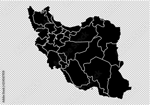 iran map - High detailed Black map with counties/regions/states of iran. iran map isolated on transparent background.