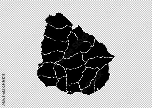uruguay map - High detailed Black map with counties/regions/states of uruguay. uruguay map isolated on transparent background.