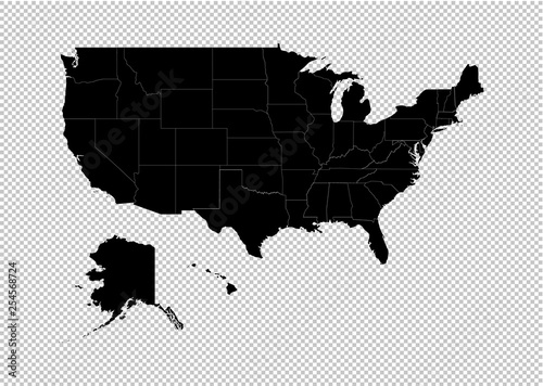 America map - High detailed Black map with counties/regions/states of USA. uinted state of america map isolated on transparent background.