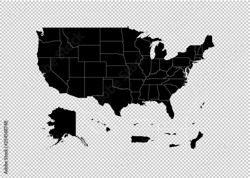 USA Territories map - High detailed Black map with counties/regions/states of USA Territories. USA Territories map isolated on transparent background.