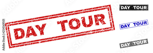Grunge DAY TOUR rectangle stamp seals isolated on a white background. Rectangular seals with grunge texture in red, blue, black and grey colors.
