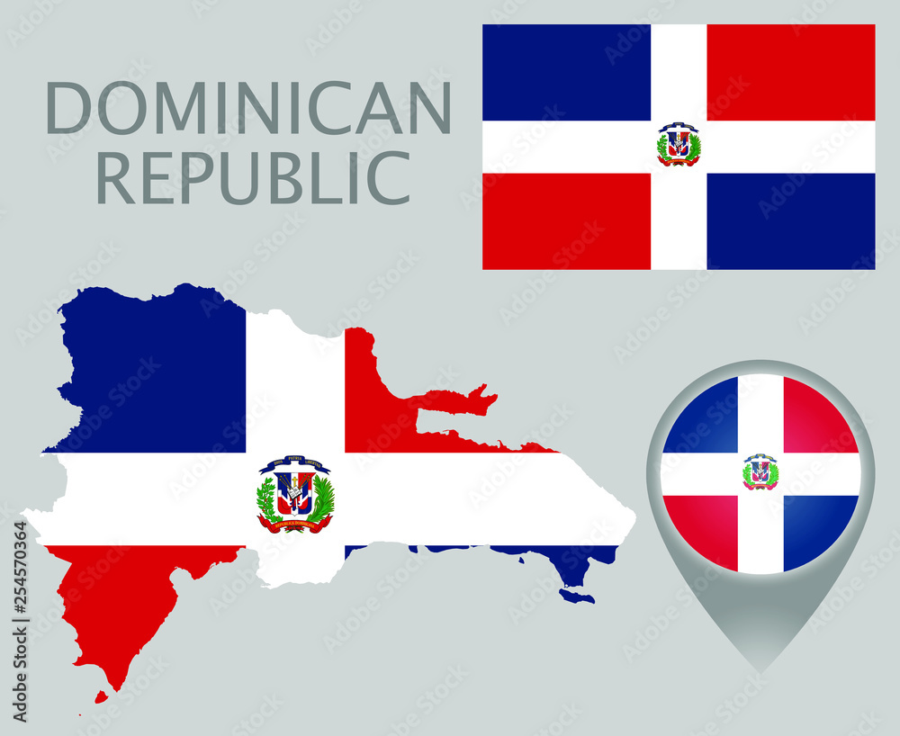 Colorful flag, map pointer and map of the Dominican Republic in the colors of the Dominican Republic flag. High detail. Vector illustration