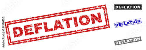 Grunge DEFLATION rectangle stamp seals isolated on a white background. Rectangular seals with grunge texture in red, blue, black and gray colors.