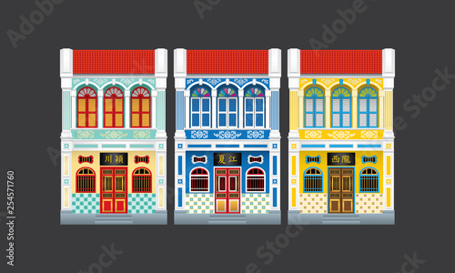 Colorful and historical colonial style double storey terrace houses. Isolated. Caption: the places where the owner's origin.