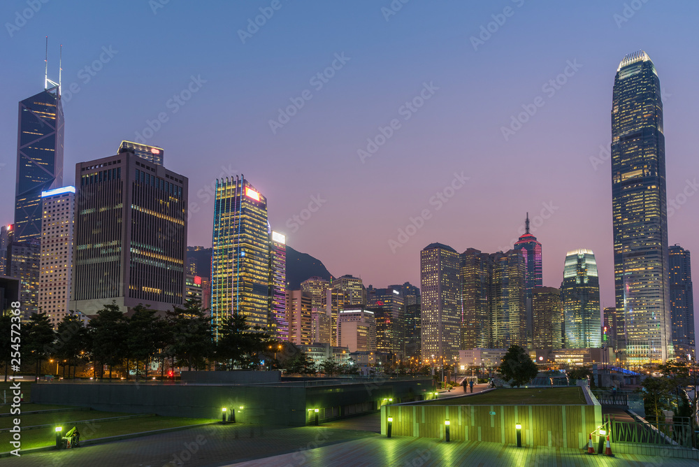 Skyline of Central district of Hong Kong city at dusk