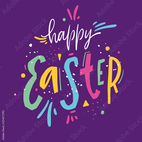 A colorful lettering of the festive phrase "Happy Easter", capturing the joy and vibrancy of the holiday season. The bright hues and playful typography evoke a sense of celebration and happiness.