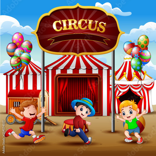 Happy children playing on the circus arena