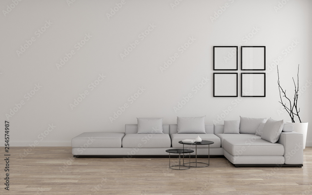 View of living room space with white sofa set and picture frame on white  wall and bright laminate floor.Perspective of modern Interior design. 3d  rendering. Stock-Illustration | Adobe Stock