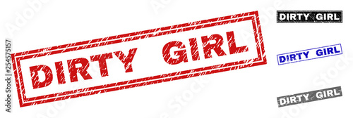 Grunge DIRTY GIRL rectangle stamp seals isolated on a white background. Rectangular seals with grunge texture in red, blue, black and grey colors.
