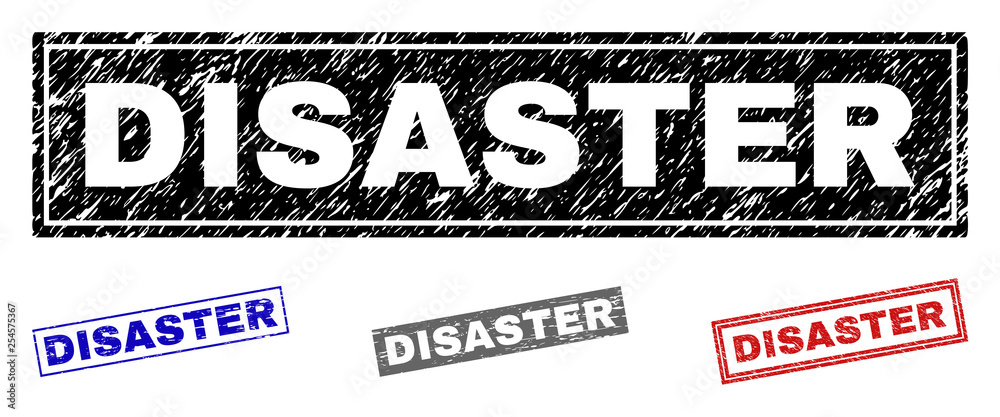 Grunge DISASTER rectangle stamp seals isolated on a white background. Rectangular seals with grunge texture in red, blue, black and gray colors.