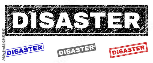 Grunge DISASTER rectangle stamp seals isolated on a white background. Rectangular seals with grunge texture in red, blue, black and gray colors.