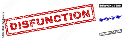 Grunge DISFUNCTION rectangle stamp seals isolated on a white background. Rectangular seals with grunge texture in red, blue, black and grey colors.