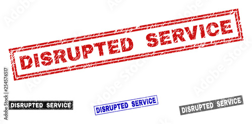Grunge DISRUPTED SERVICE rectangle stamp seals isolated on a white background. Rectangular seals with distress texture in red, blue, black and gray colors.