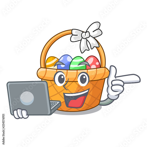 With laptop easter basket ball in cartoon shape