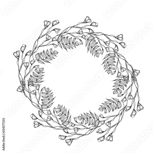 Vector flowers decorative wreath isolated on white background, round frame hand drawn Doodle vector sketch herbal line art graphic design for greeting card, invitation, wedding design