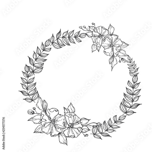 Vector flowers decorative wreath isolated on white background, round frame hand drawn Doodle vector sketch herbal line art graphic design for greeting card, invitation, wedding design
